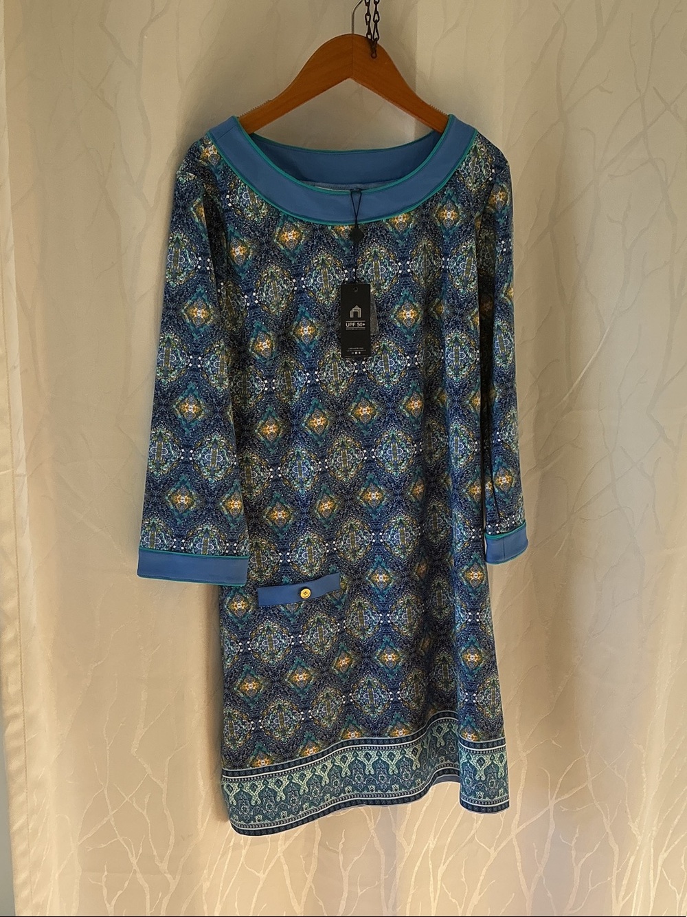 Cabana Life Blue Patterned Long Sleeve Shift Dress with Aqua Trim